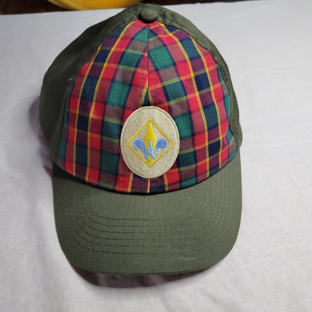 Boy Scouts of America BSA Webelos Uniform Cap Olive Green Plaid Hat MD/LG